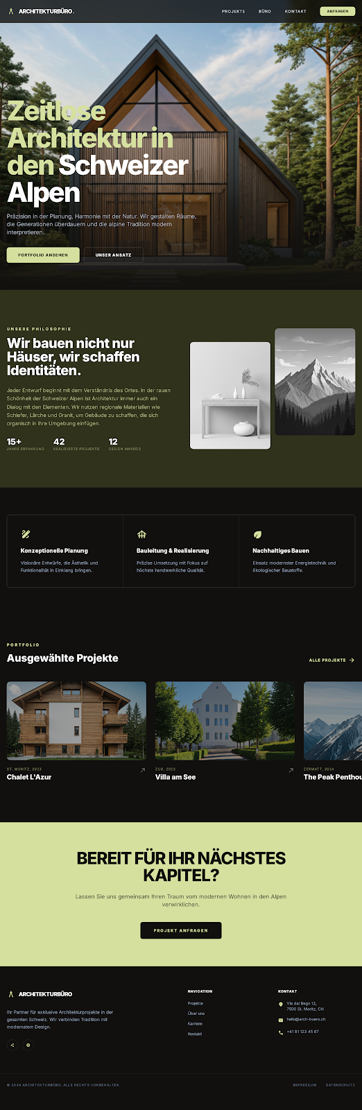 Vorschau Architekturbüro-Webseite – Startseite mit alpiner Architektur