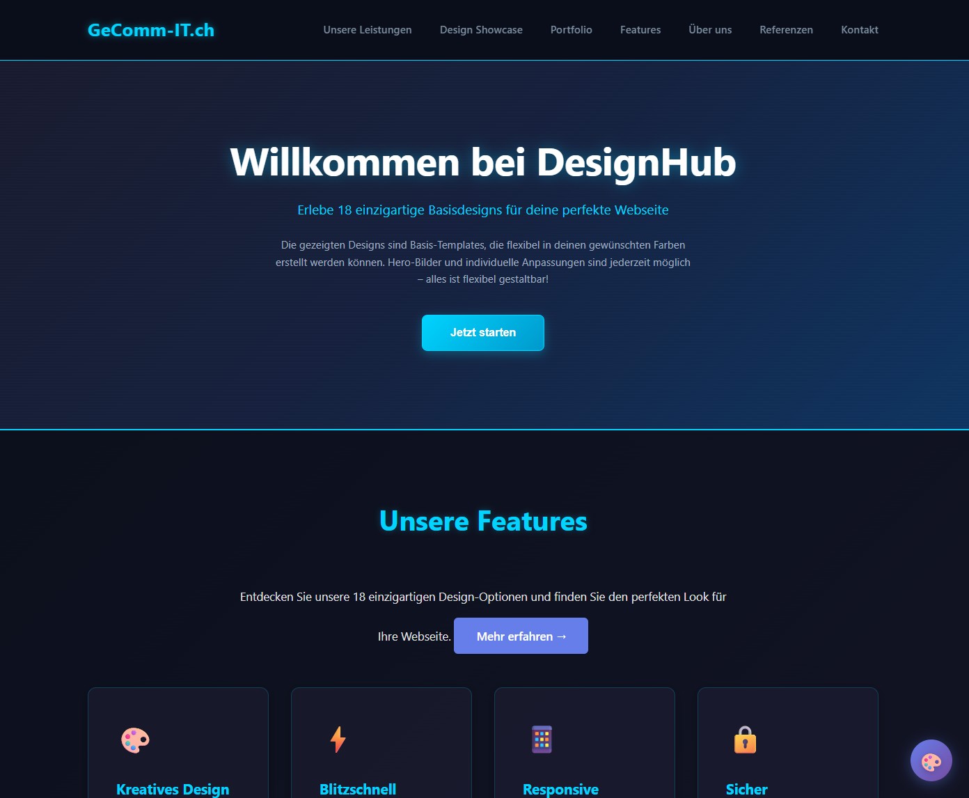 GeComm-IT Design-Hub – Musterwebseite mit 29 Design-Varianten und interaktivem Theme-Switcher