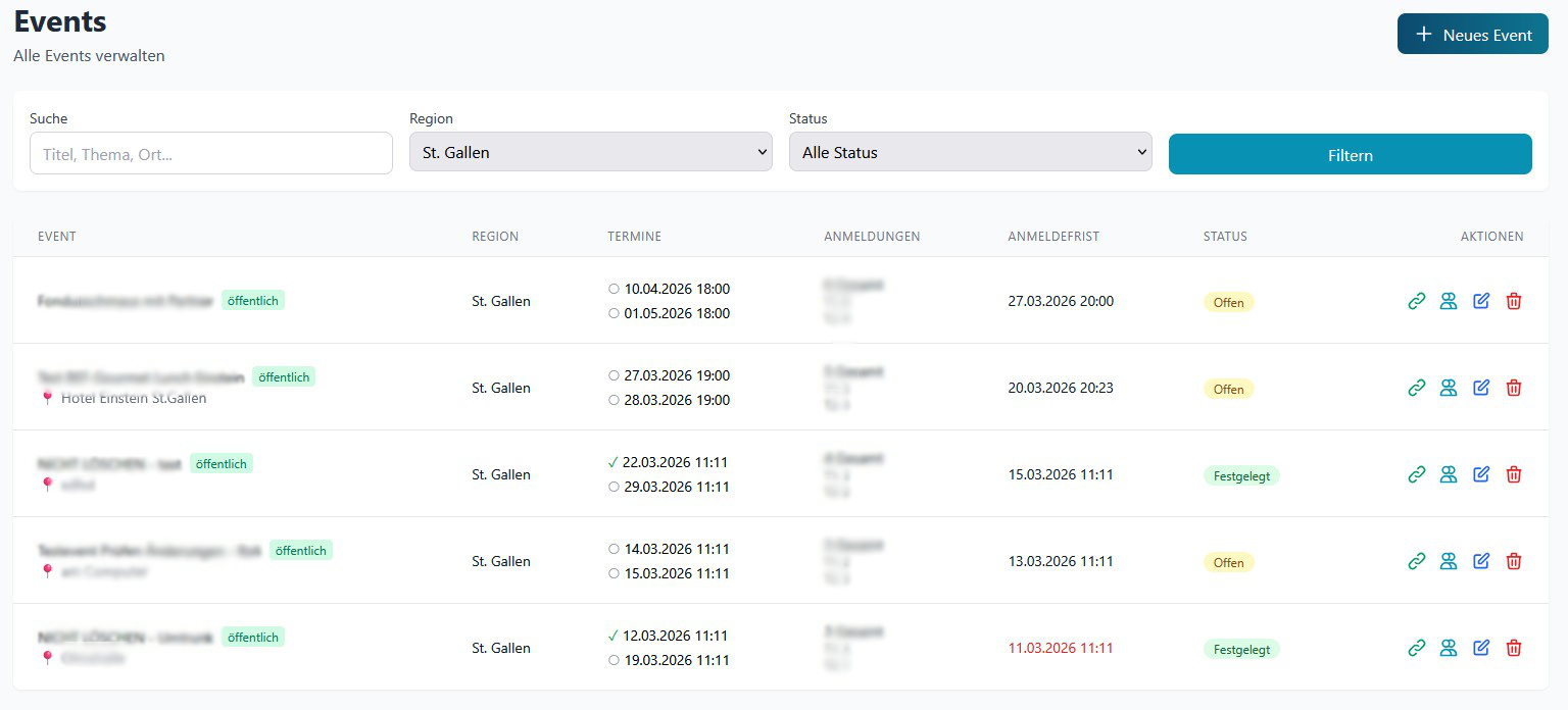 Eventliste mit Status-Badges und Teilnehmerzahl