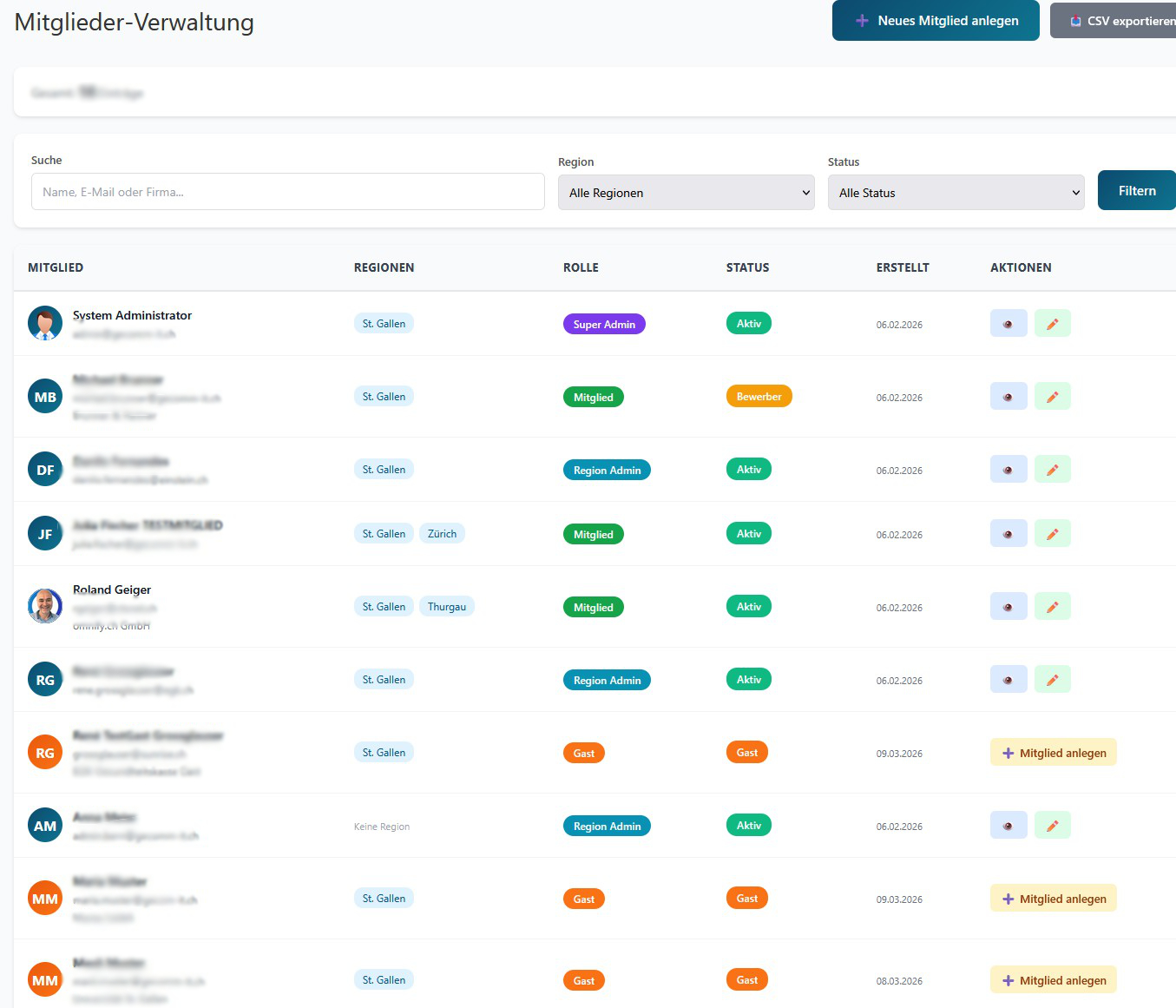 Mitgliederliste mit Status-Badge, Tags und Regionen
