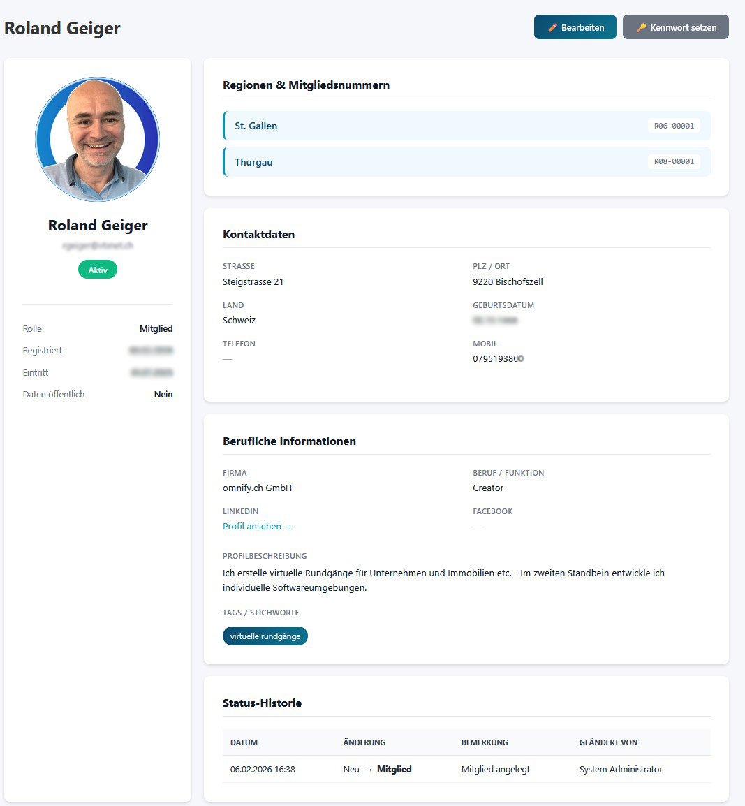 Mitglieder-Profilseite mit Foto, Tags und Datenschutz-Schalter