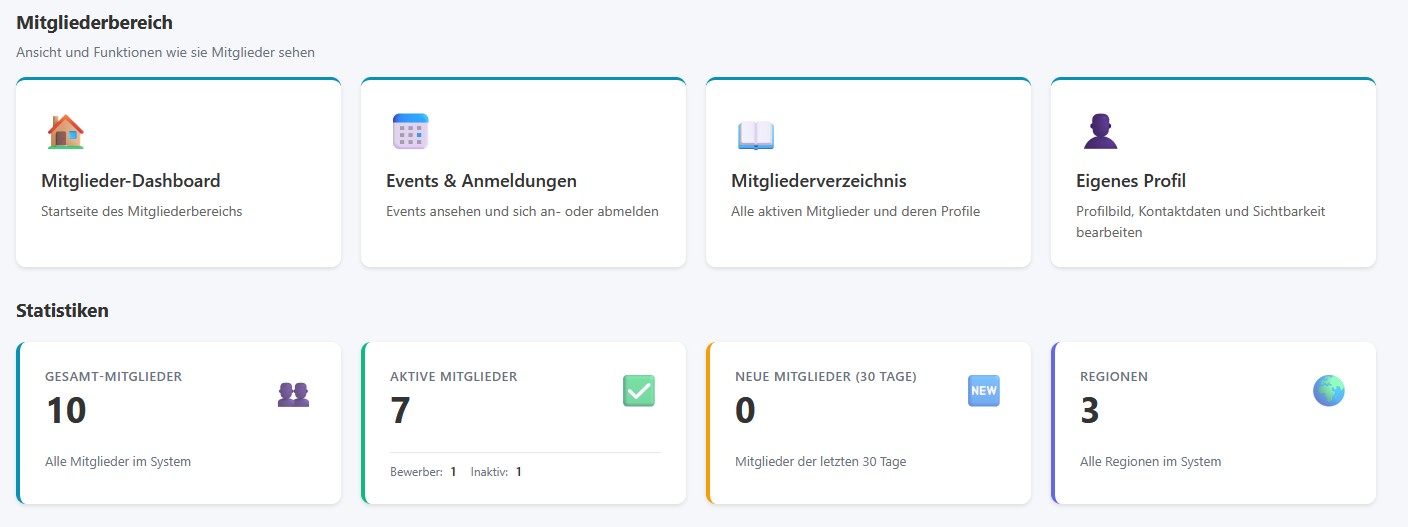 Mitglieder-Dashboard mit Events und Verzeichnis