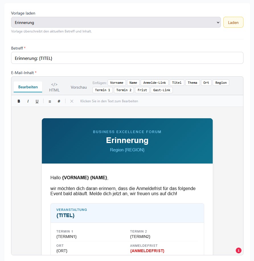 WYSIWYG-E-Mail-Editor mit Vorlagenauswahl